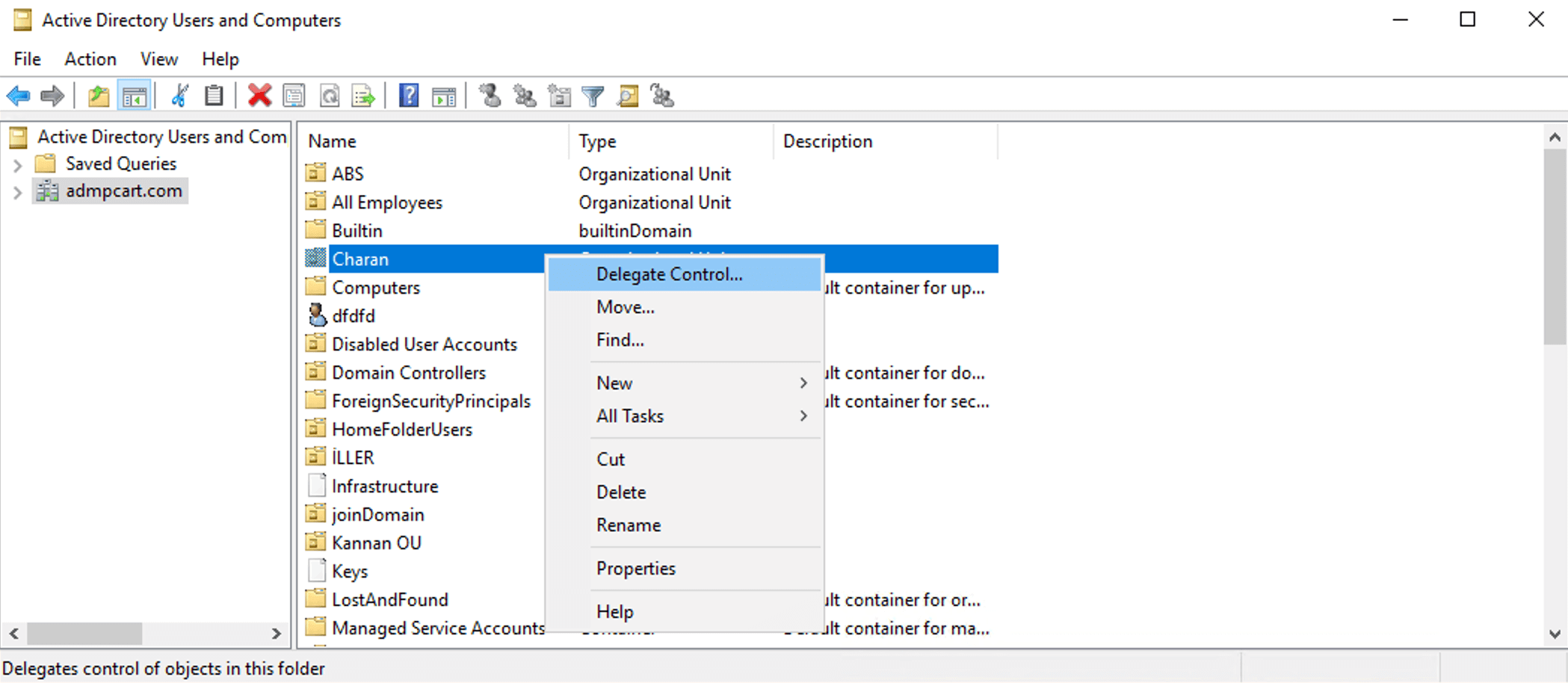 Delegating control to an OU in Active Directory using ADUC.
