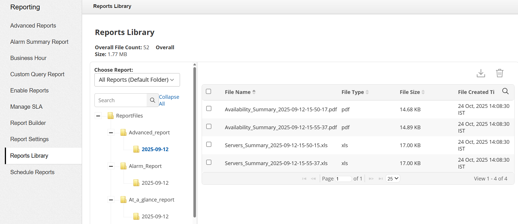 Applications Manager Reports Library: Viewing reports library window