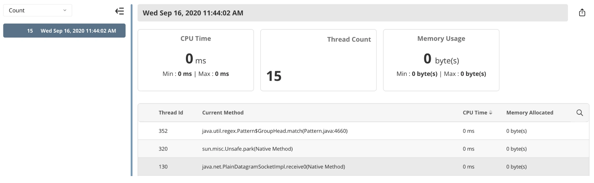 An application performance monitor tool breaksdown each thread to show the ID, method used to call, CPU time, and memory allocated