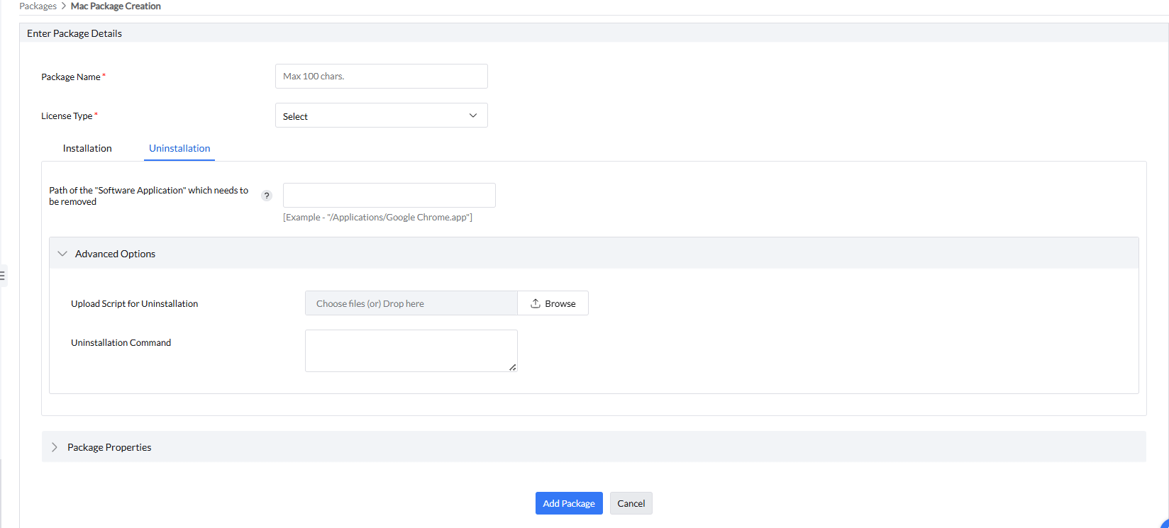 Mac package creation for uninstallation