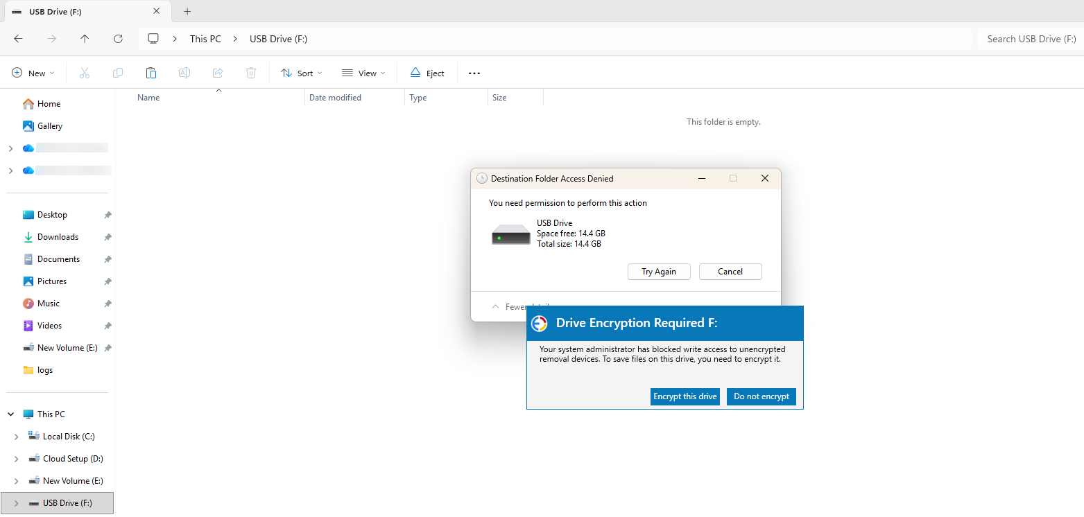 Prompt to encrypt USB drive for write access