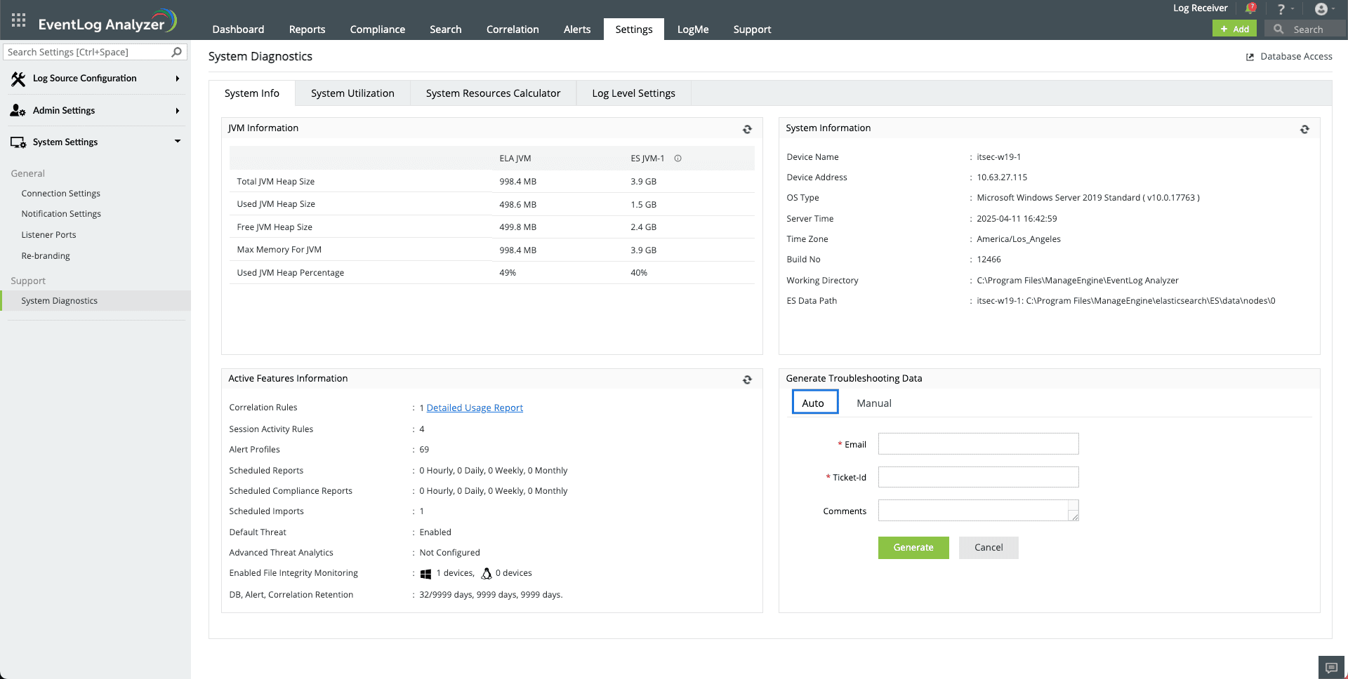 Create an EventLog Analyzer Support Information File (SIF)