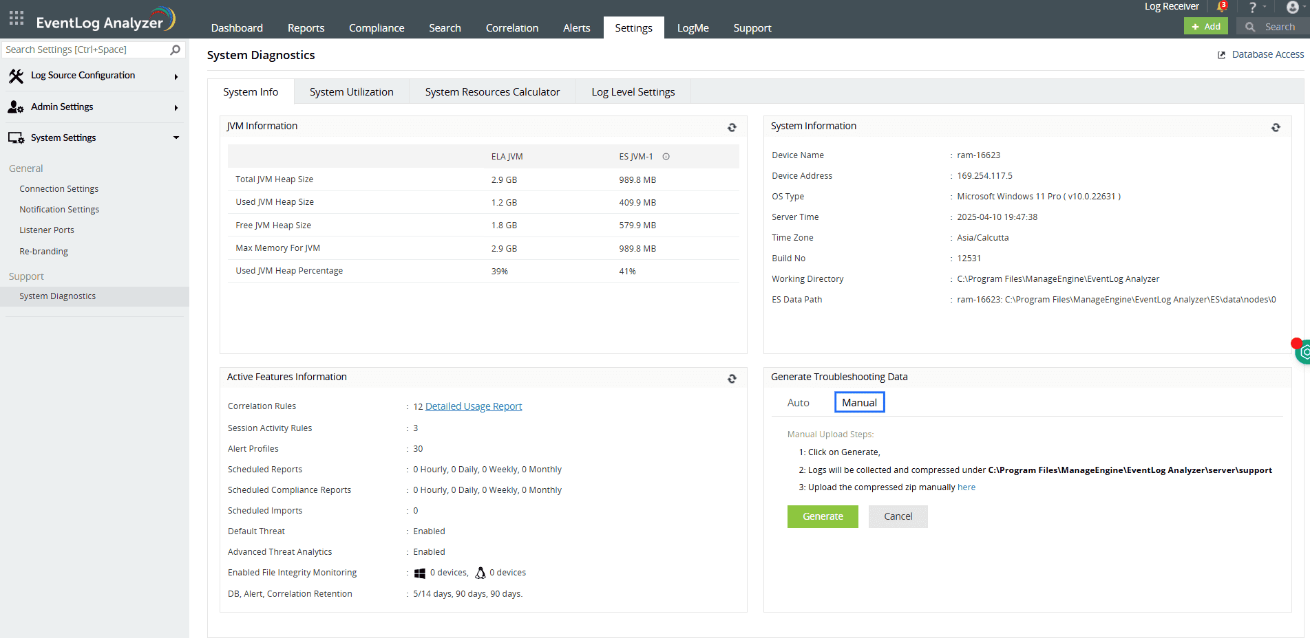 Create an EventLog Analyzer Support Information File (SIF)