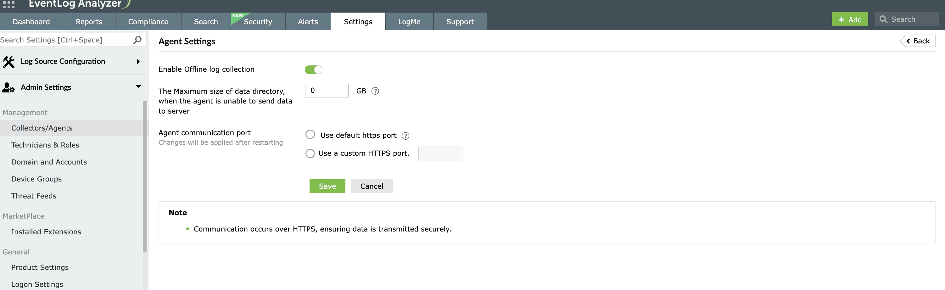 The agent configuration console in EventLog Analyzer