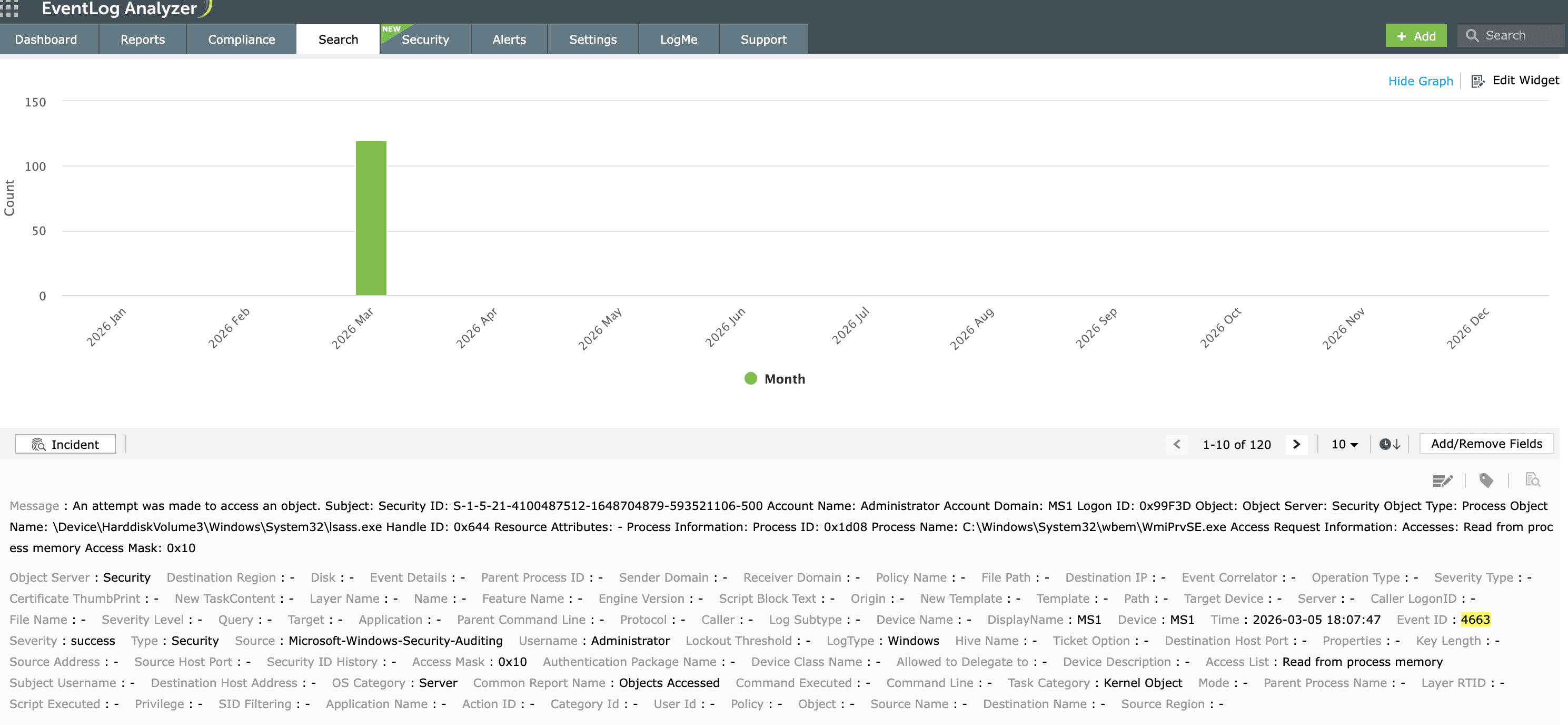 Object Access (event ID 4663) report queryable from EventLog Analyzer's Search console