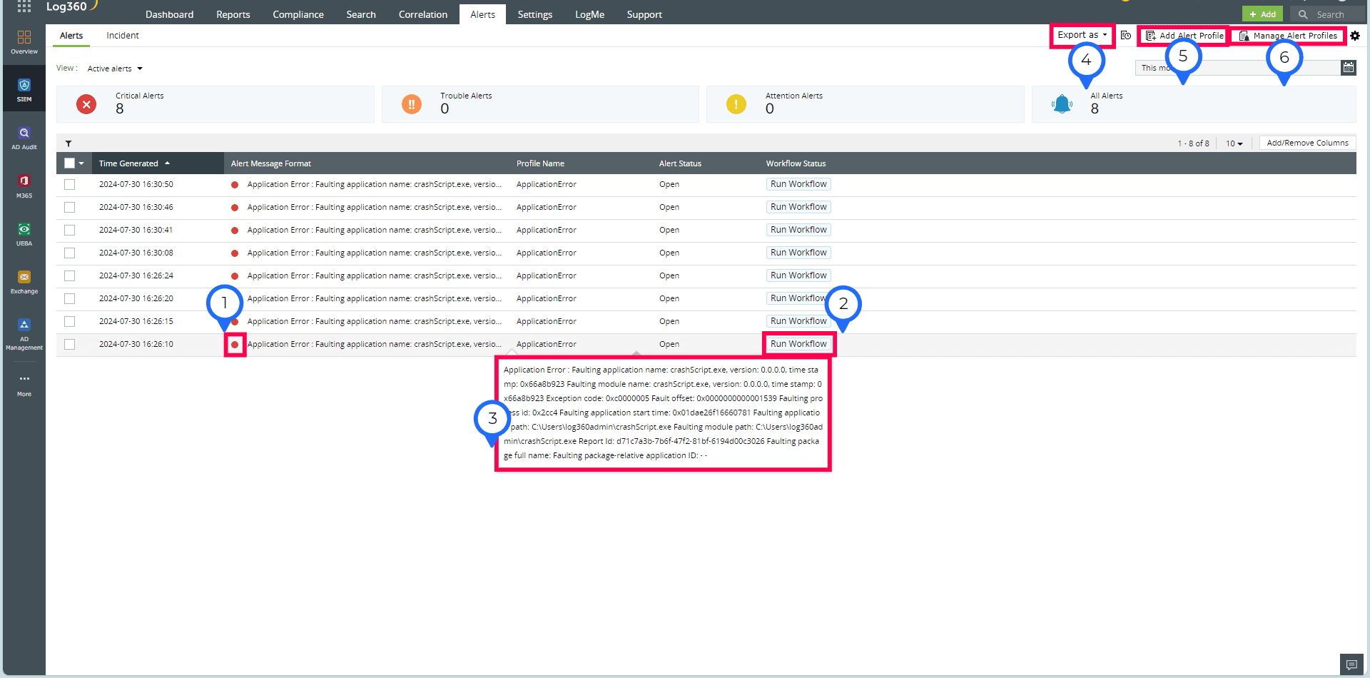 Application error (Event ID 1000) alert in EventLog Analyzer
