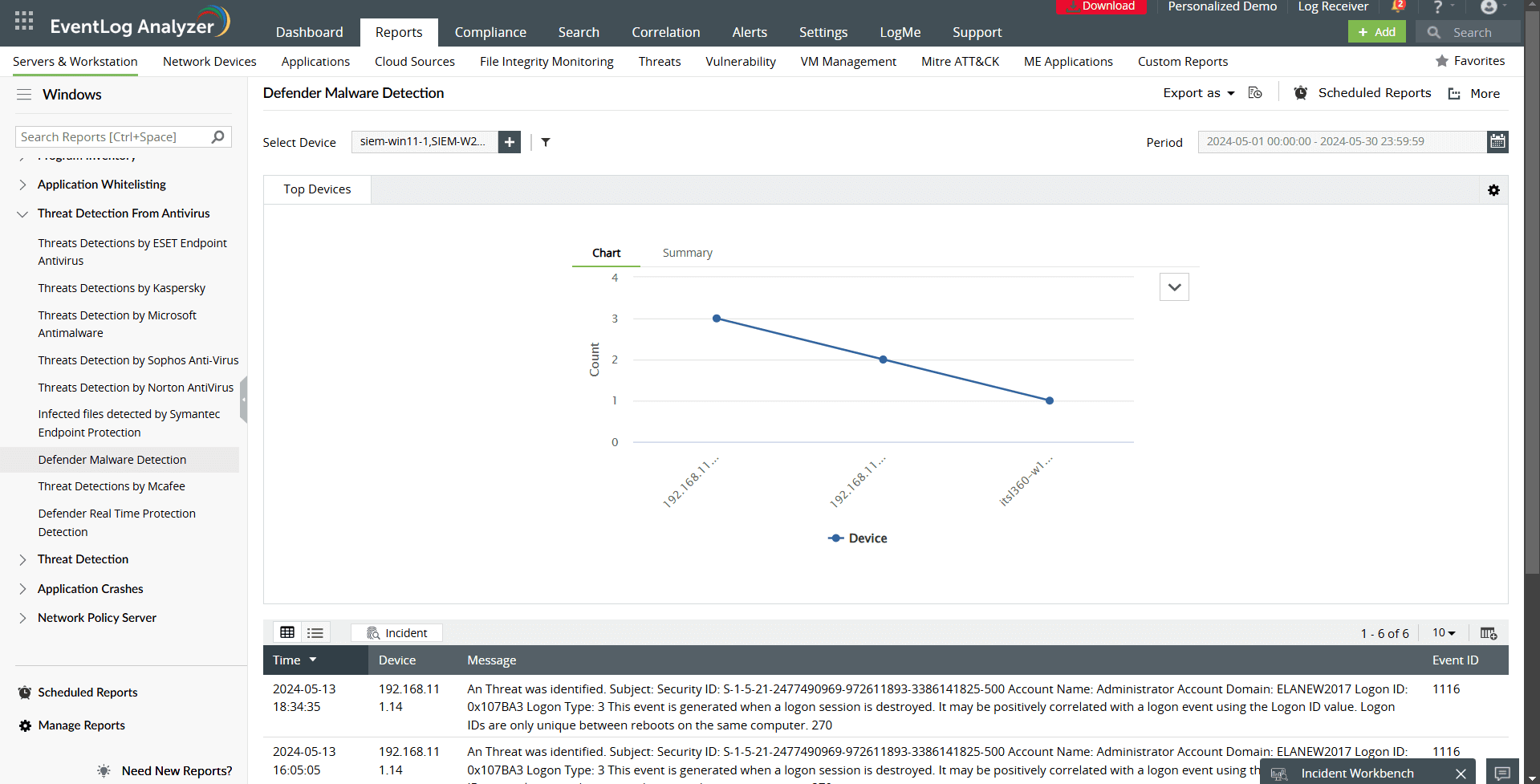 Fig. 8. Defender Malware Detection report in ManageEngine EventLog Analyzer