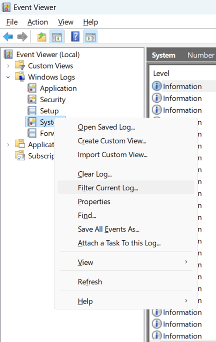Figure 4: Viewing and accessing Windows update logs in Windows 11 using Event Viewer
