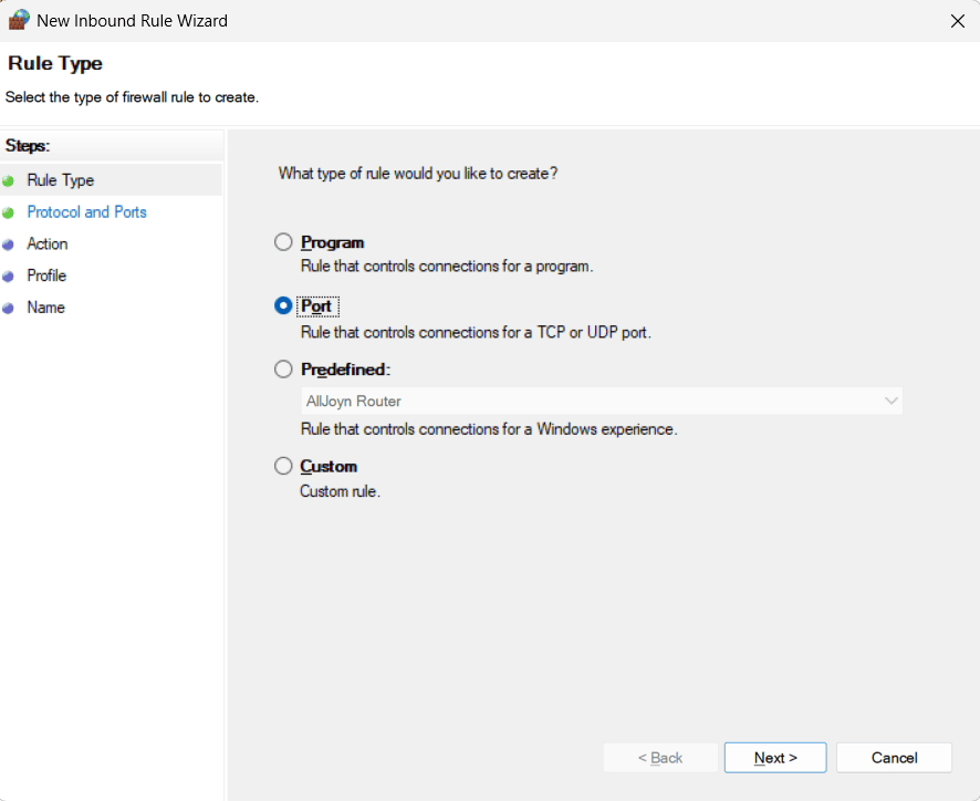 New Inbound Rule wizard with 'Port' rule type selected.