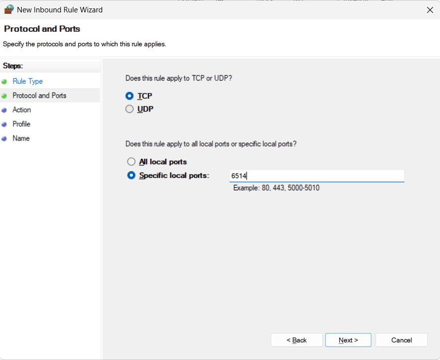 New Inbound Rule wizard showing TCP protocol selected and port 6514 entered.