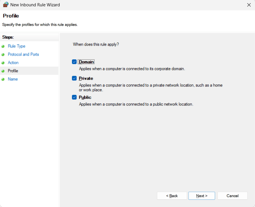 New Inbound Rule wizard step showing Profile step with Domain, Private, and Public network profiles selected.