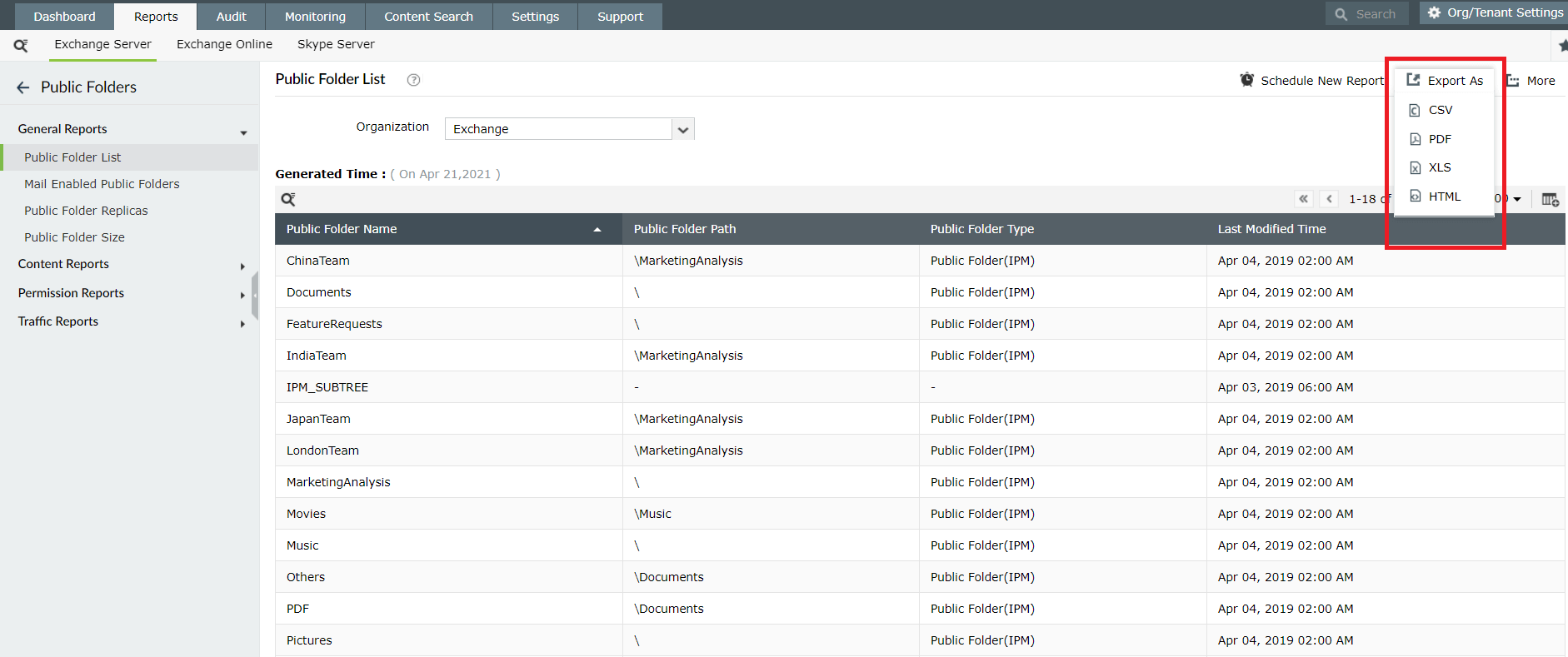 Export public folder lists using Exchange Reporter Plus