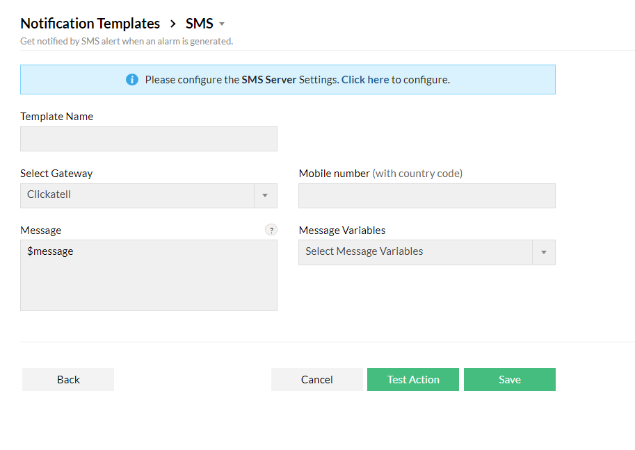 SMS notification template in Firewall Analyzer: Notification profiles