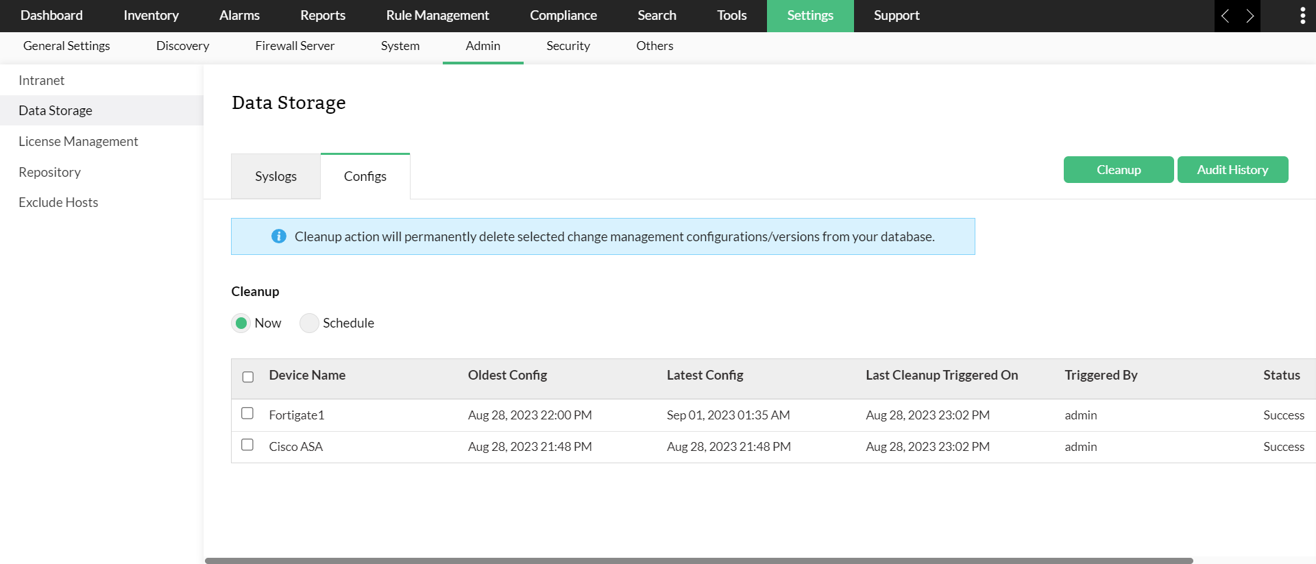 Firewall configuration cleanup in Firewall Analyzer: Data storage