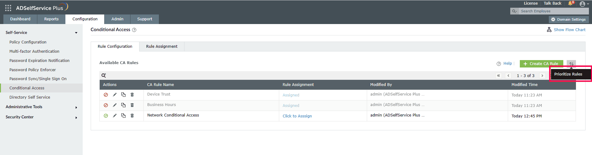 Prioritizing conditional access rules in ADSelfService Plus