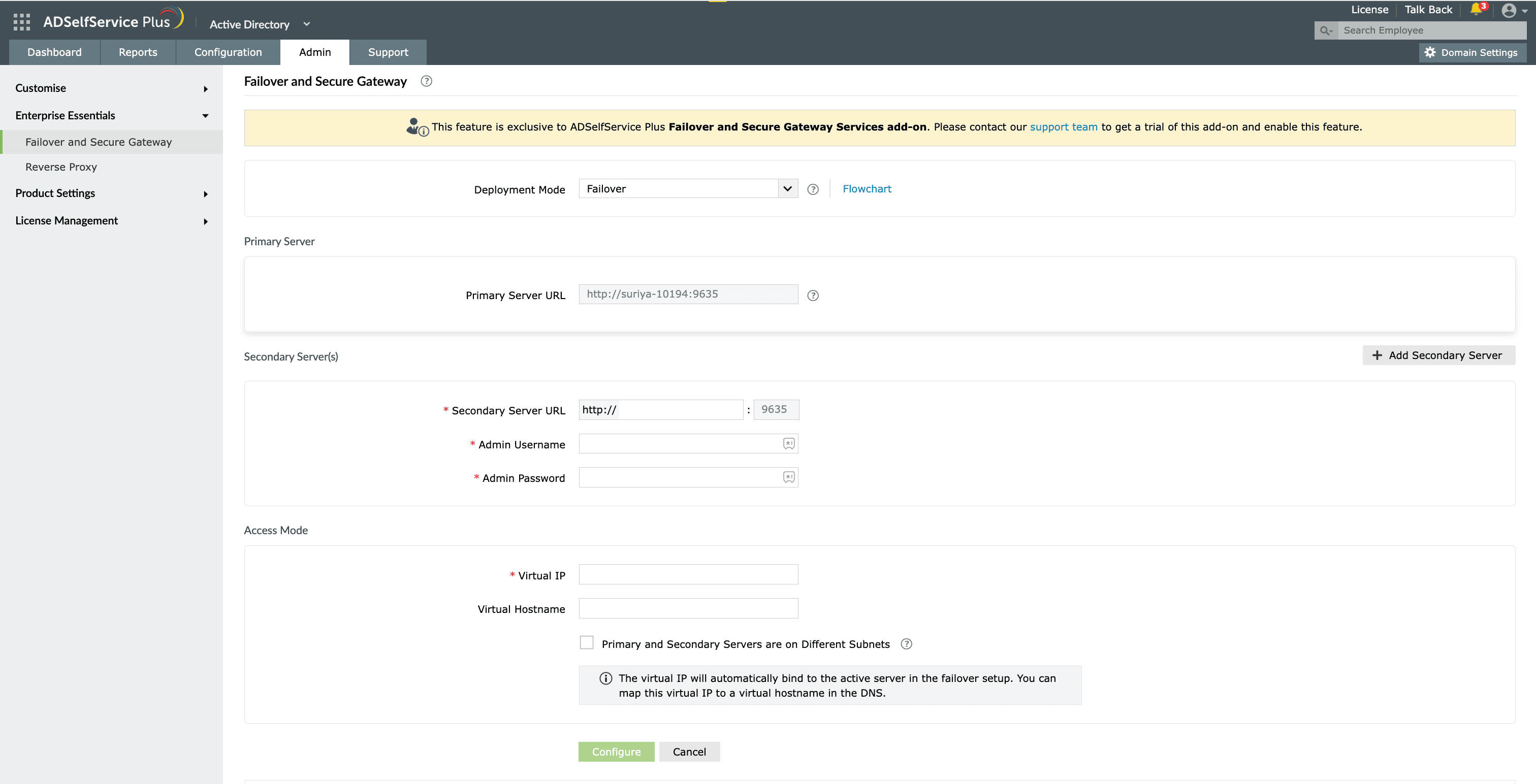 Configuring settings for the failover deployment mode in ADSelfService Plus.