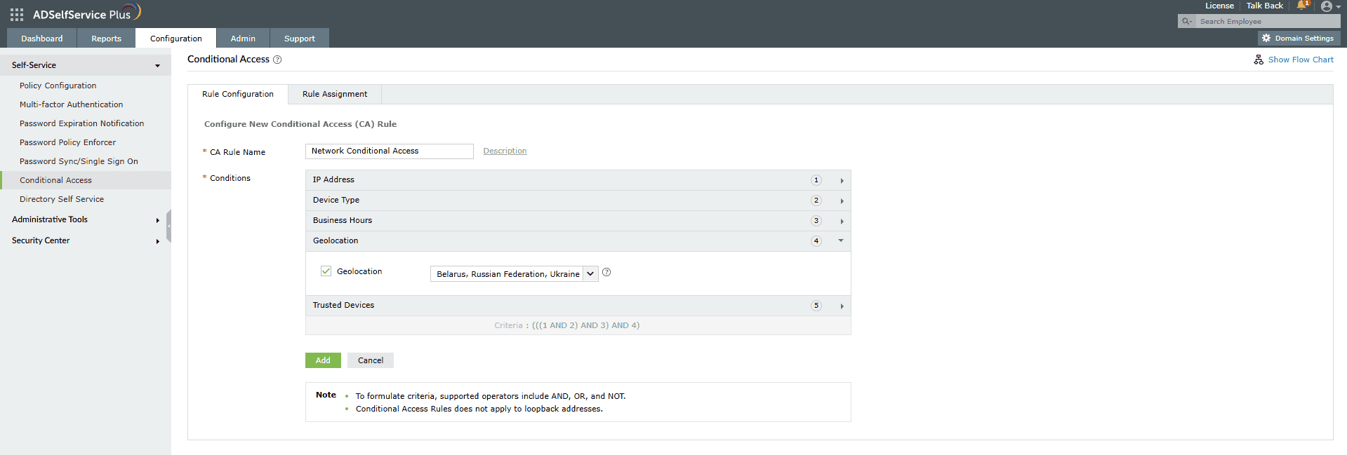 Geolocation-based conditional access in ADSelfService Plus