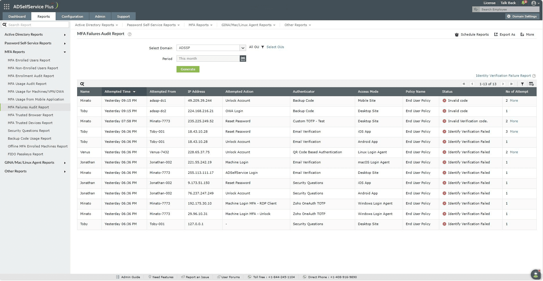 Fig. 18: MFA Failures Audit Report in ADSelfService Plus.