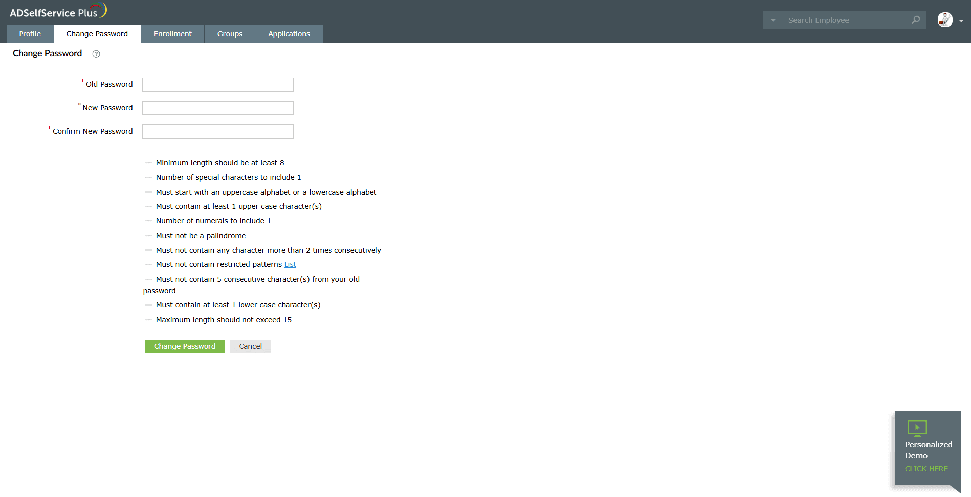 User changing a Microsoft Entra ID password through ADSelfService Plus with password policy guidance