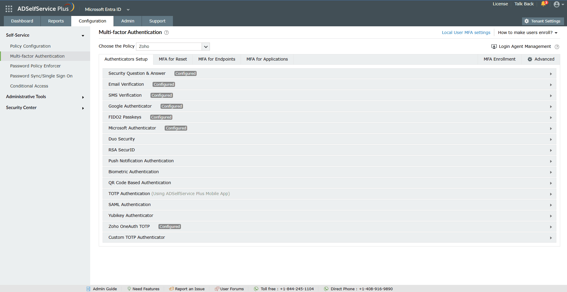 Authentication methods available for Entra ID password change verification