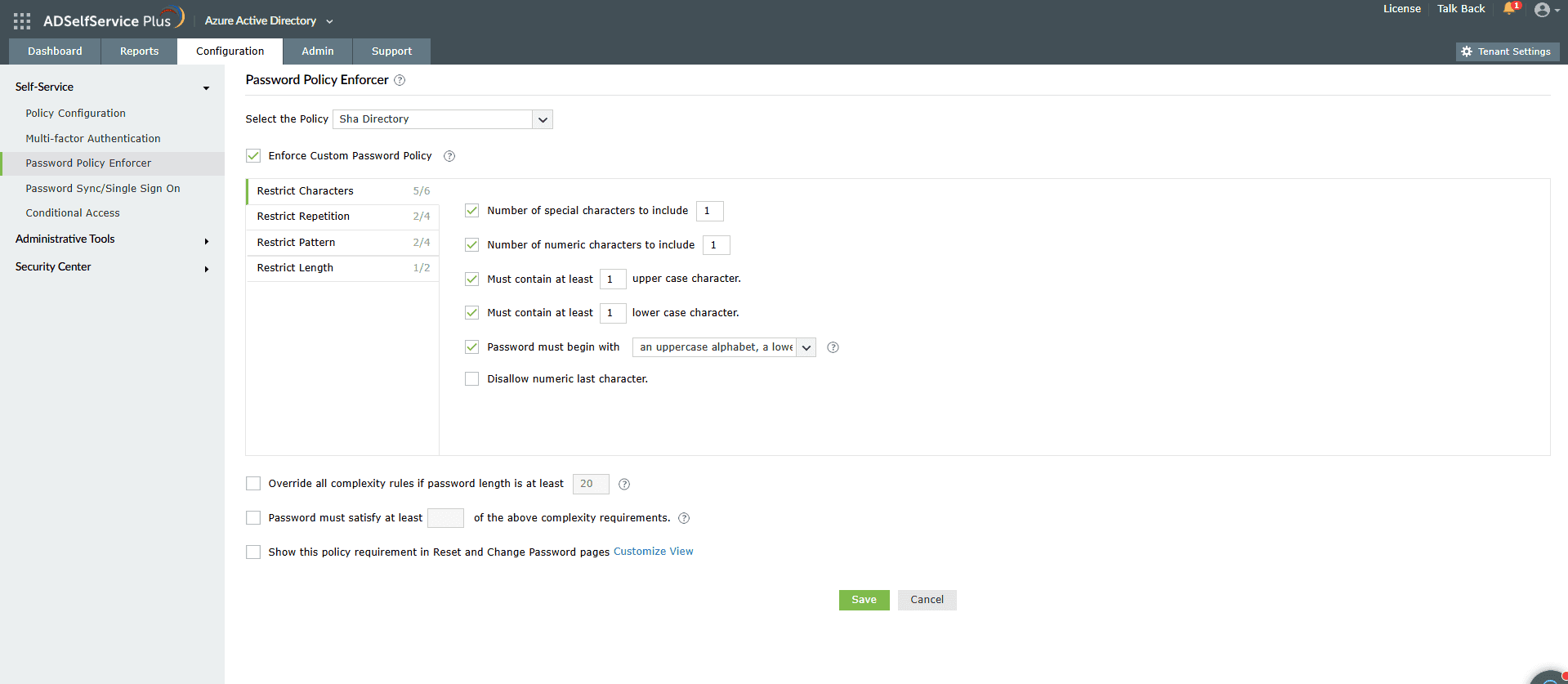 A screenshot of the Password Policy Enforcer page that allows admins to create advanced password policies for Microsoft Entra ID SSPR. 