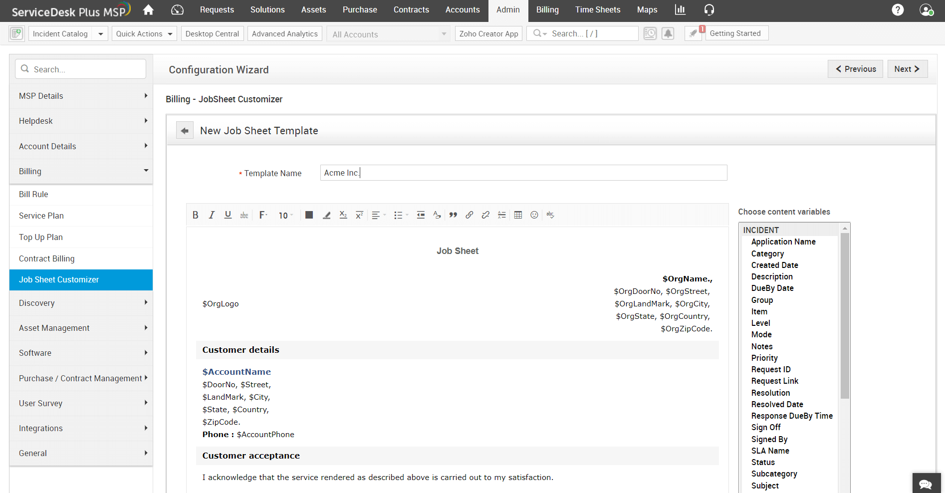 Job Sheet in ServiceDesk Plus MSP