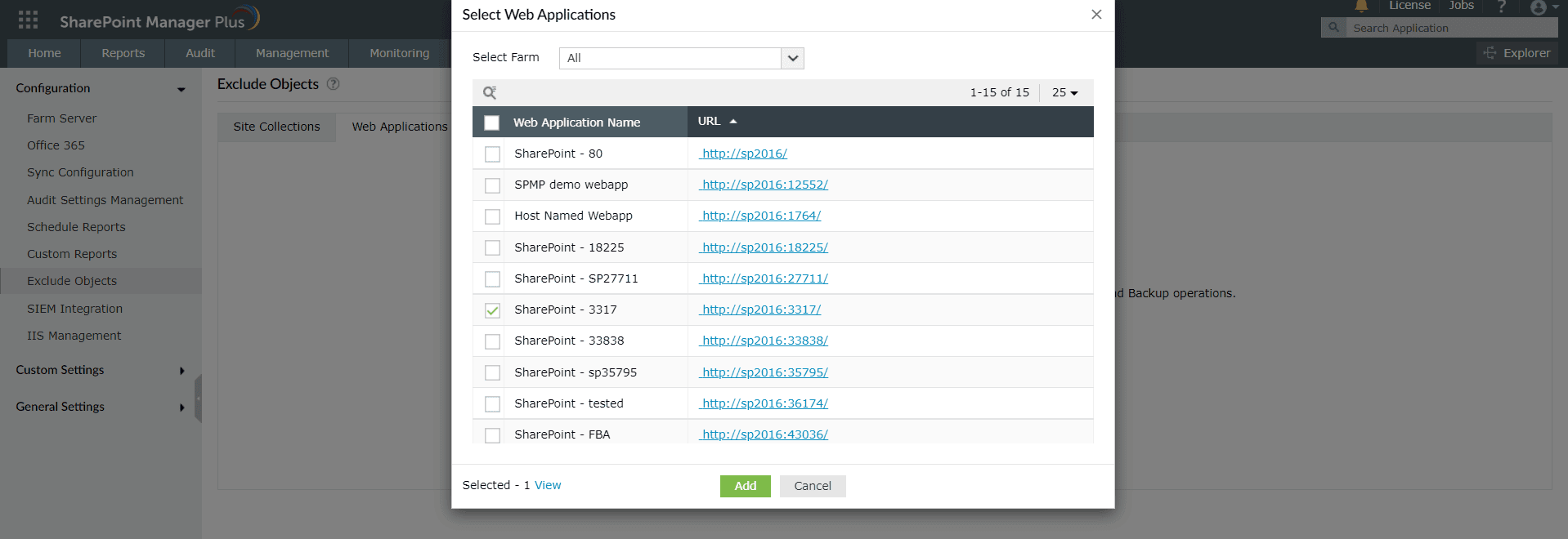 Excluding Web Applications from synchronizing data using SharePoint Manager Plus