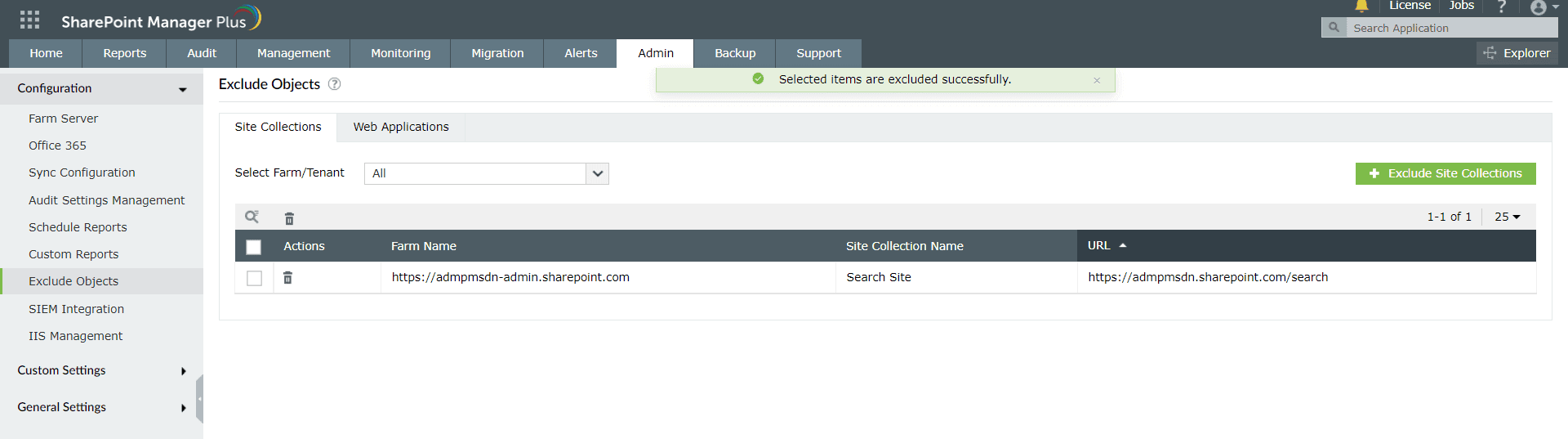 A completed task on excluding objects in SharePoint Manager Plus