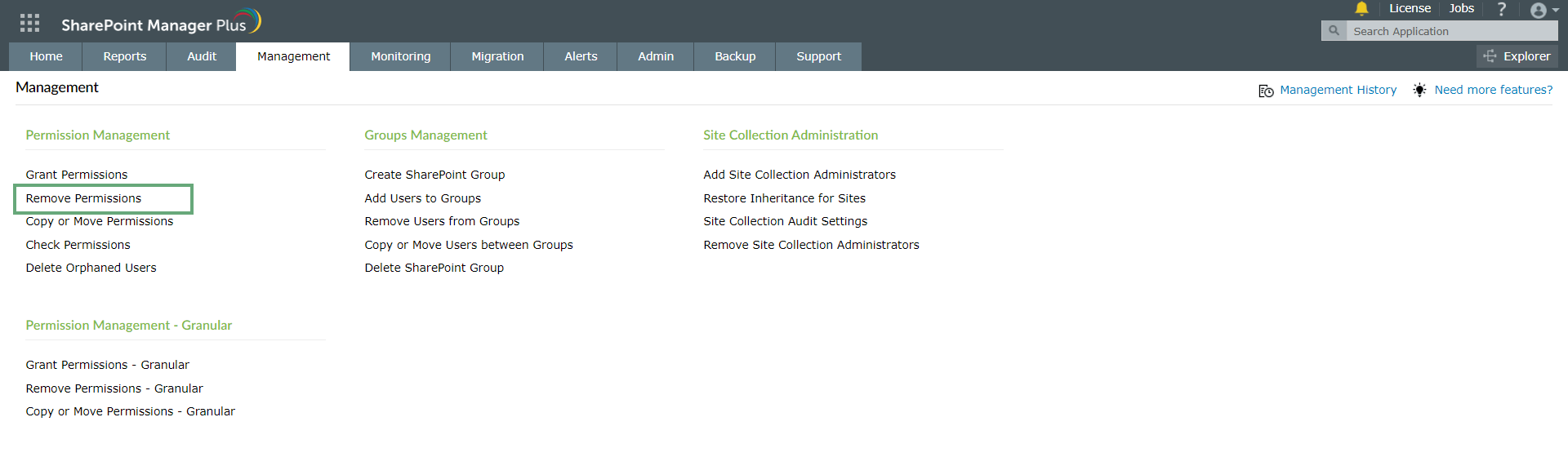 Navigating to the Remove Permissions feature in SharePoint Manager Plus