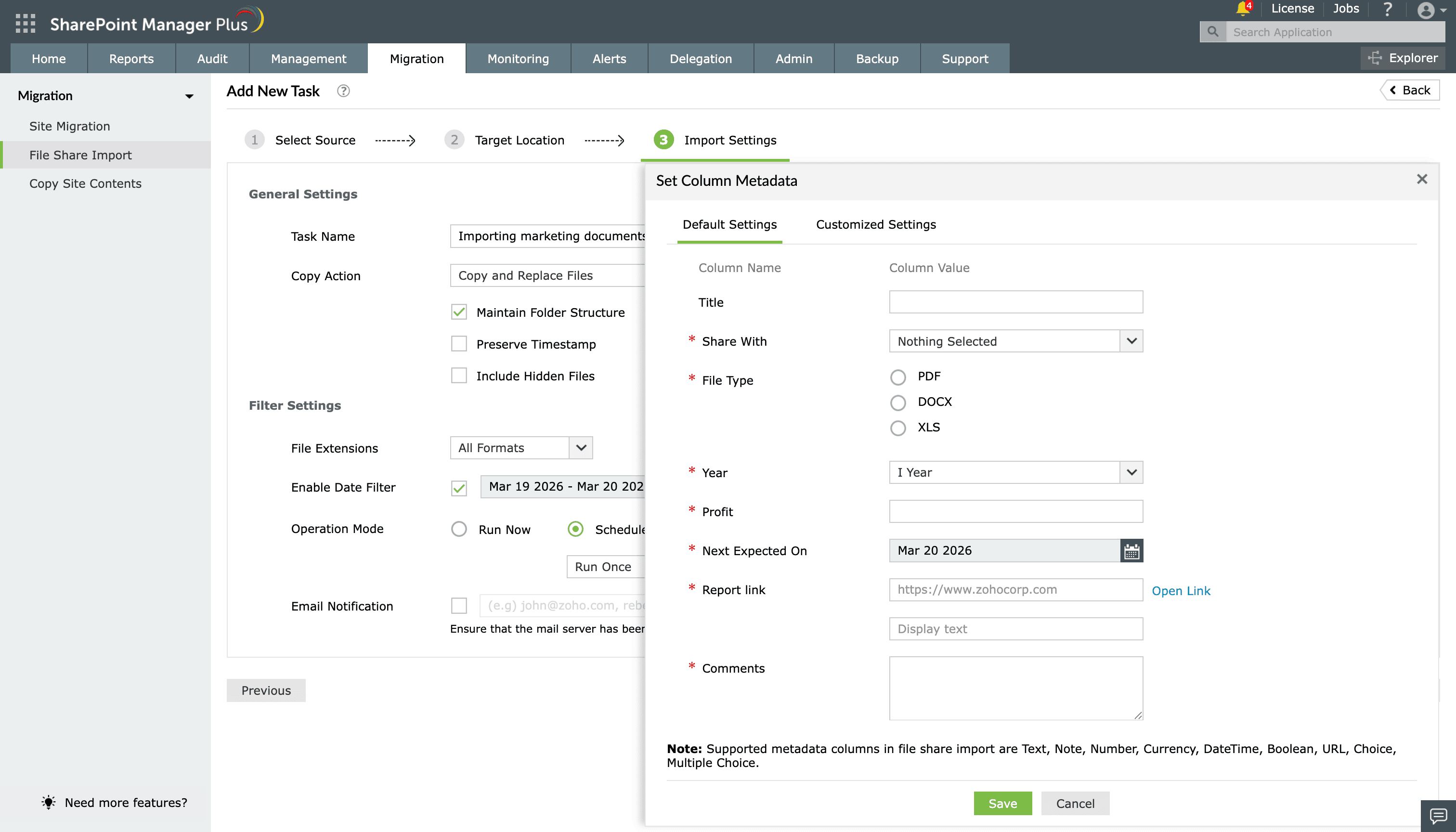 Configuring metadata for file uploads in SharePoint Manager Plus.