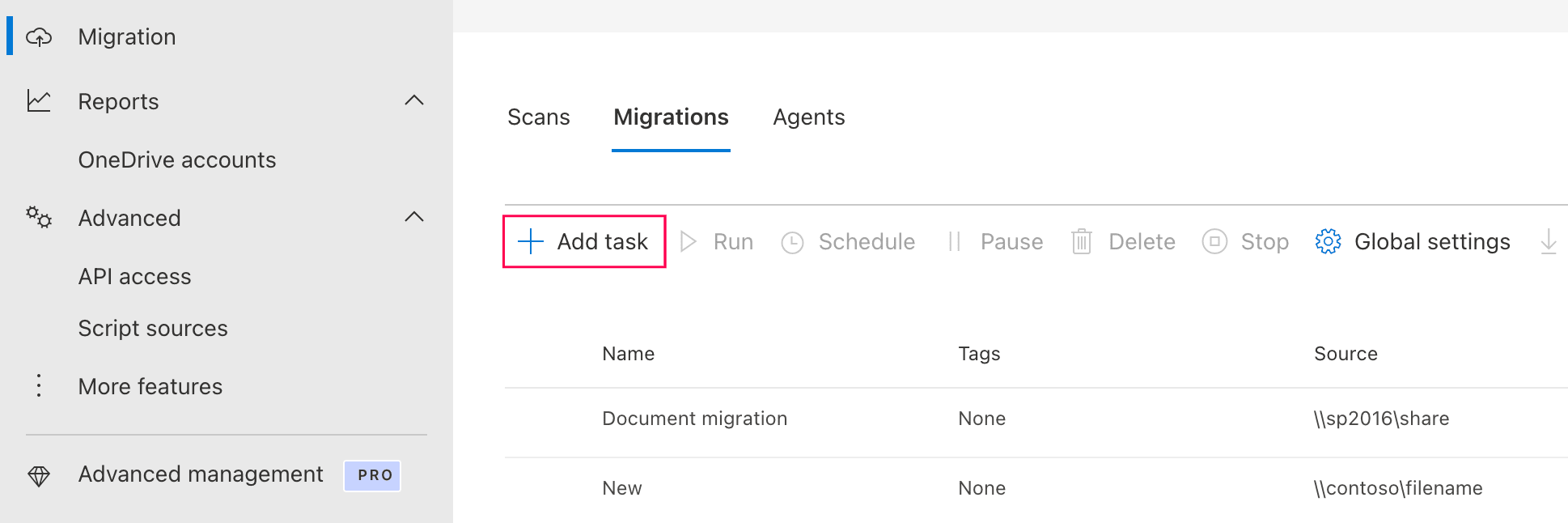 Adding a SharePoint migration task in Migration Manager.