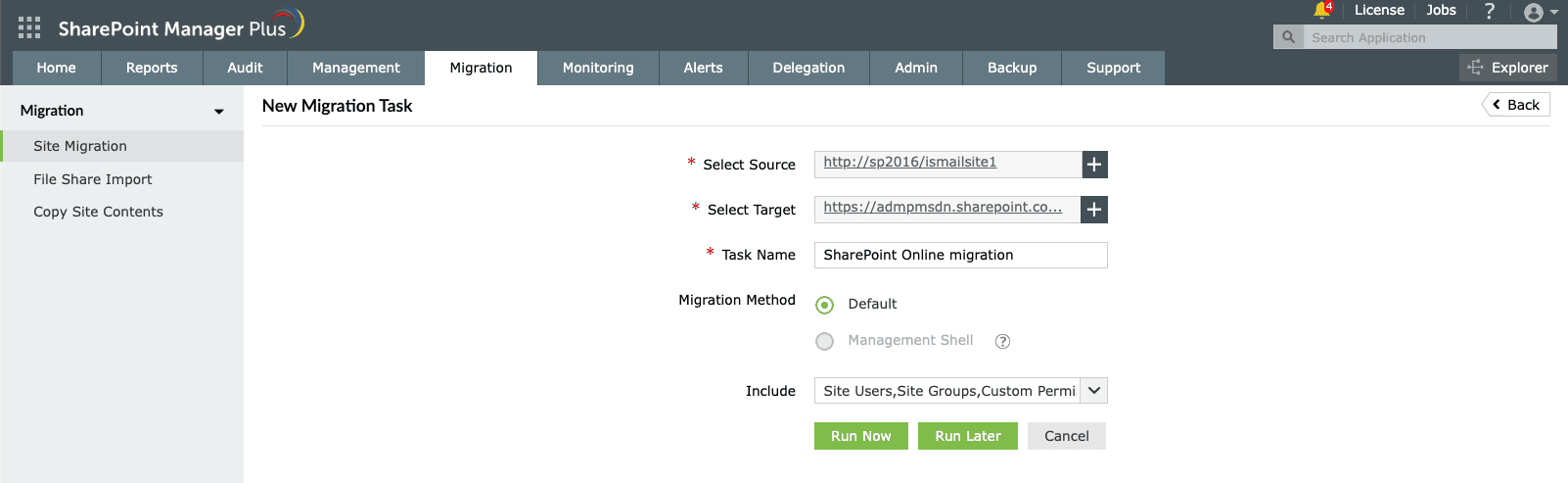 Creating a new SharePoint Online migration task in SharePoint Manager Plus.