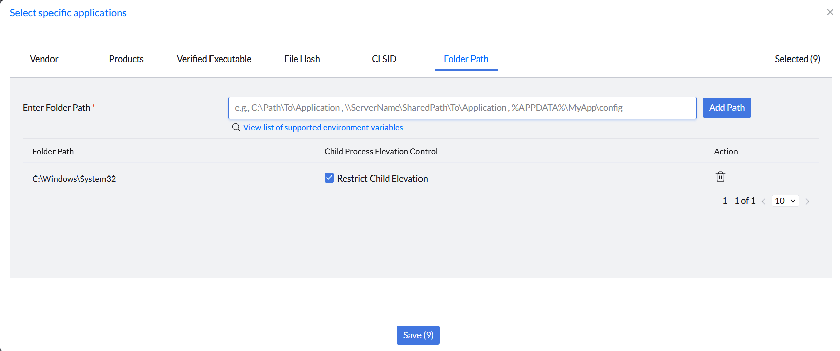 Folder Path rule configuration screen Folder Path rule configuration for elevating .bat and .msc files in Application Control Plus