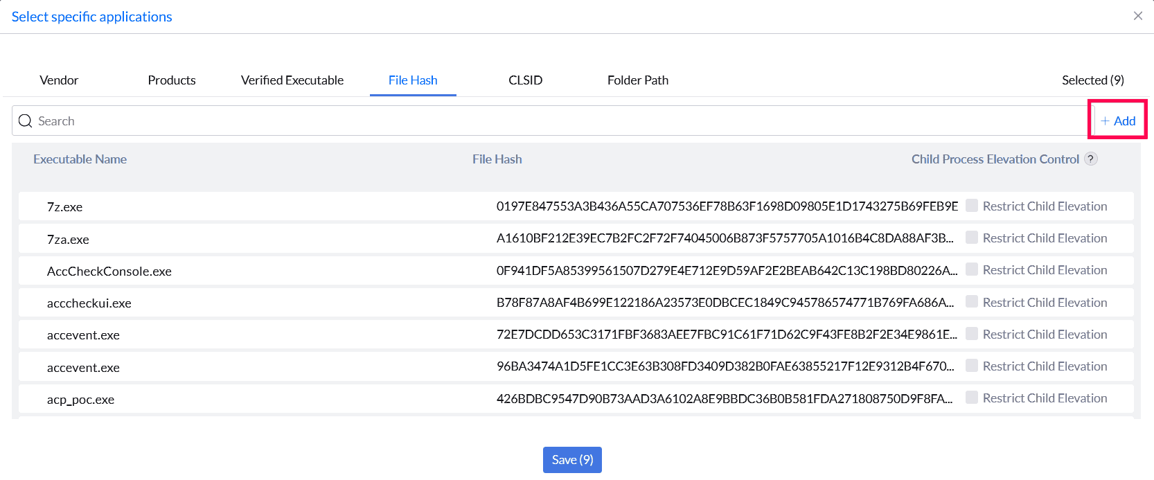 File Hash custom rule configuration screen File Hash custom rule configuration for elevating a .bat or .msc file in Application Control Plus