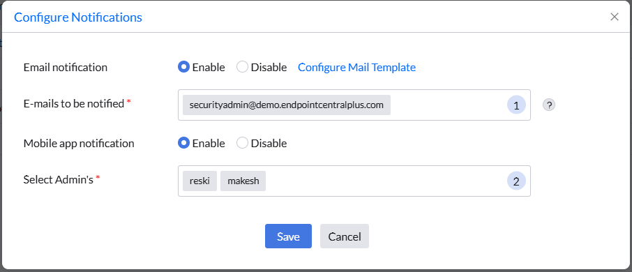 Notification Settings screen showing the email and mobile app notification configuration options for Malware Protection