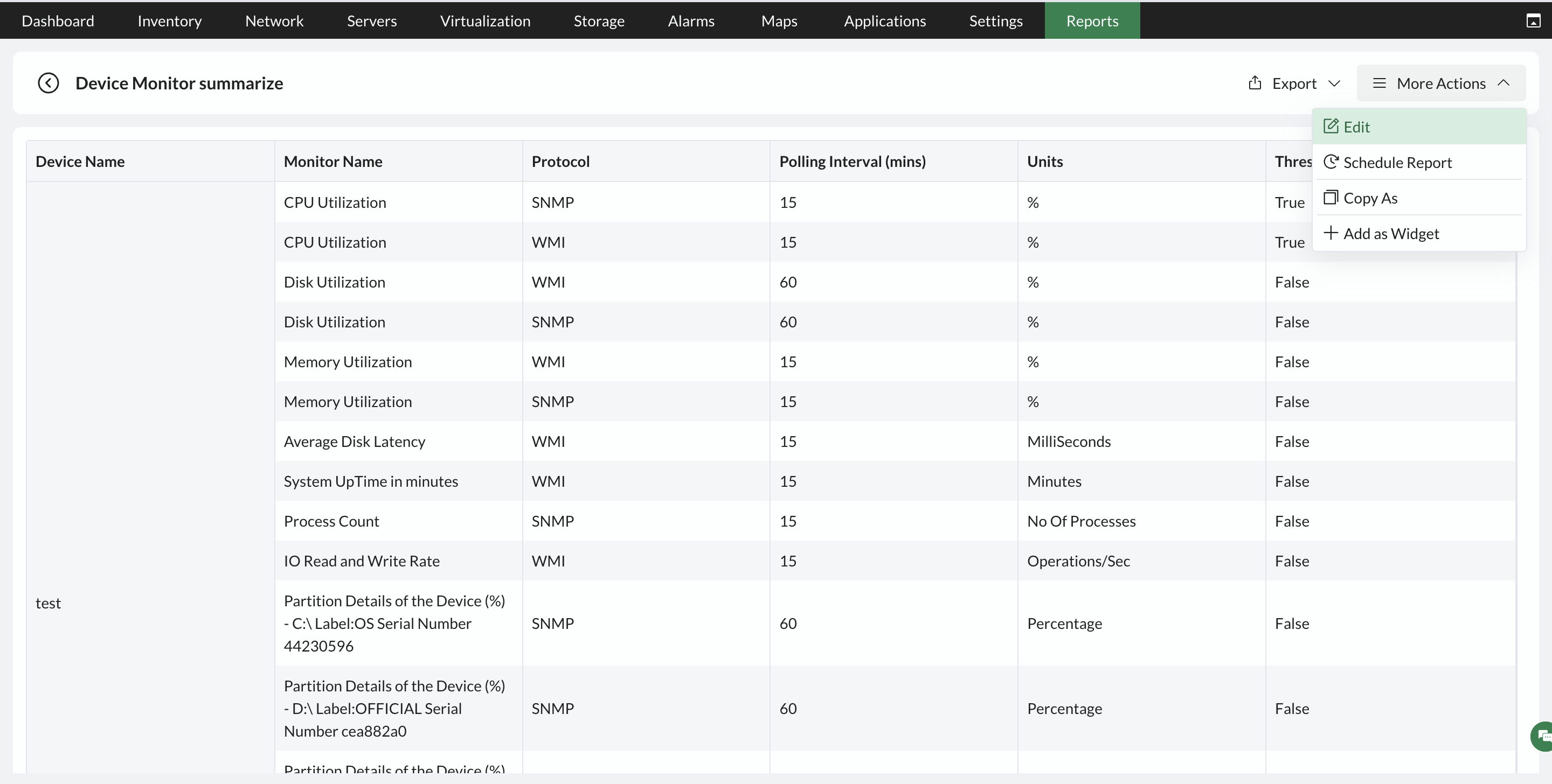 Actions1 OpManager advanced reports: Actions in advanced reports
