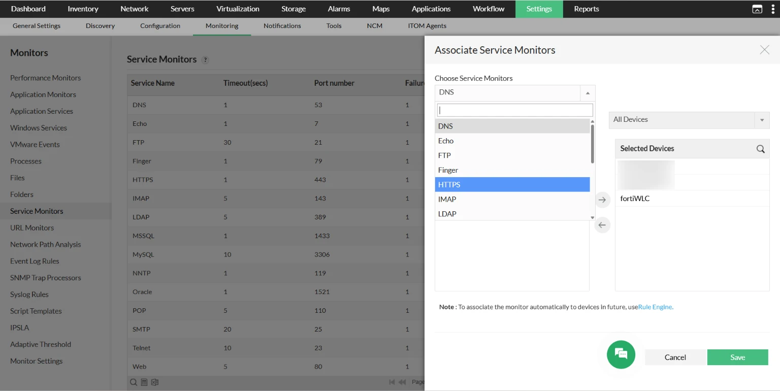 TCP services in OpManager: Dissociate devices