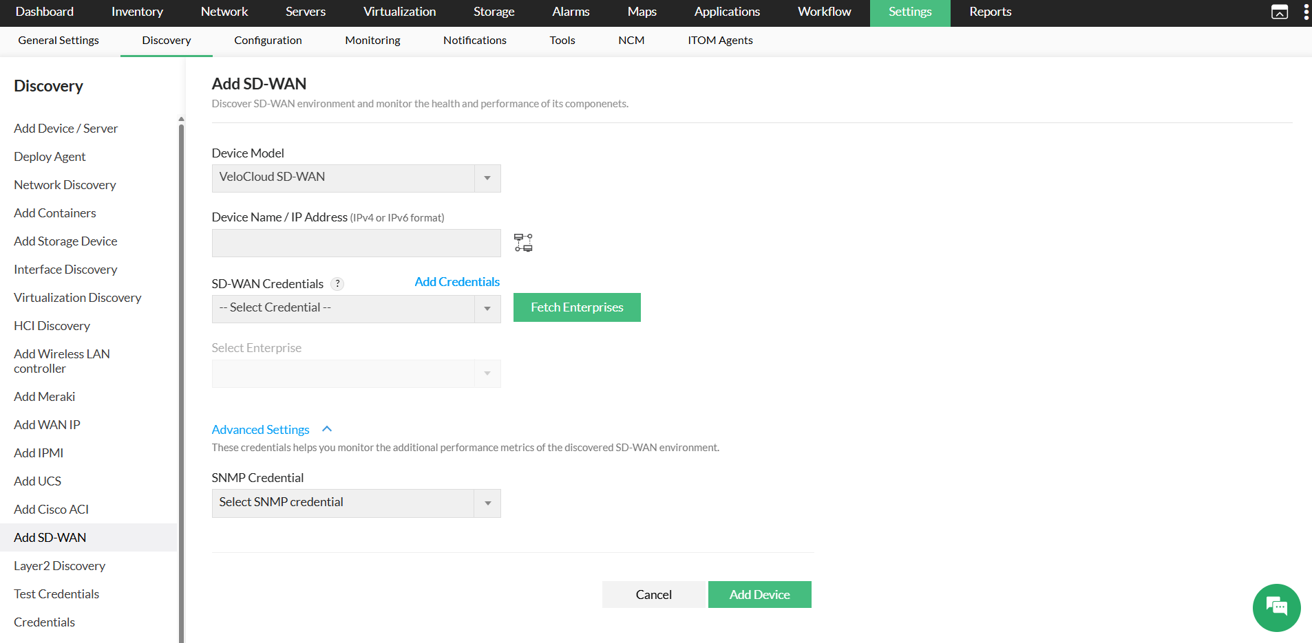 VeloCloud network monitoring in OpManager - Overview