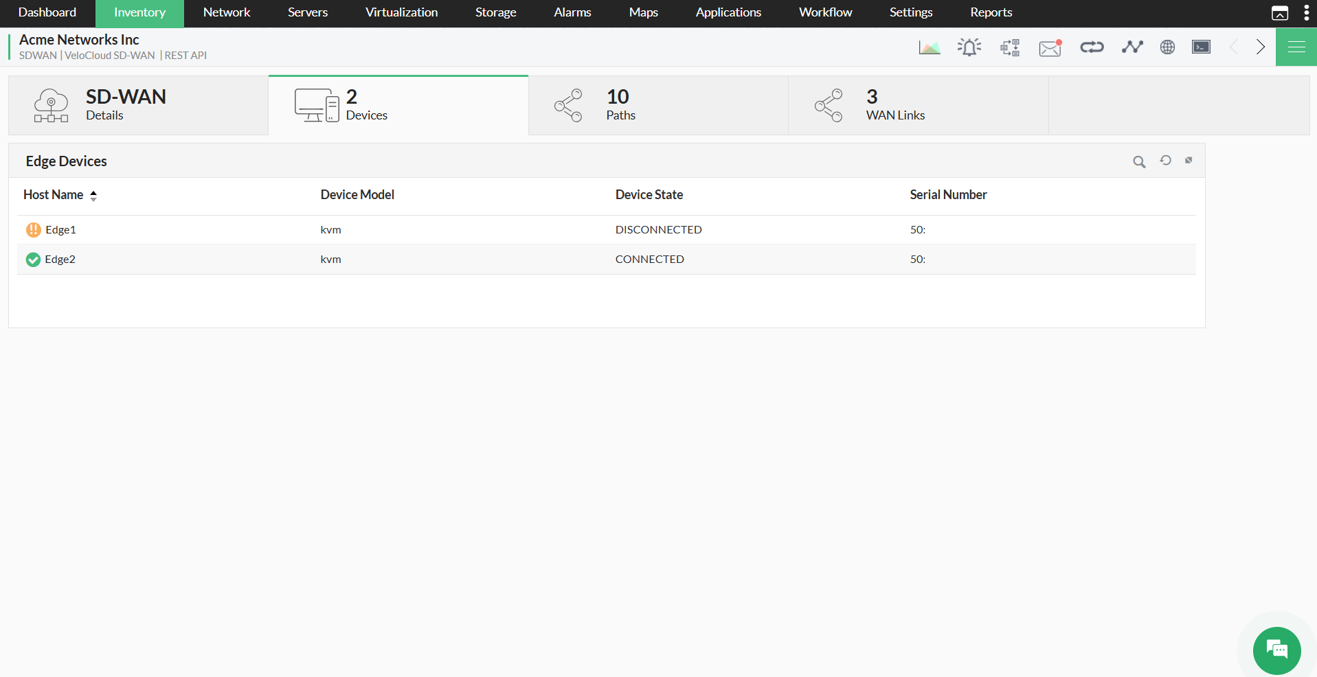 VeloCloud network monitoring in OpManager - Device details