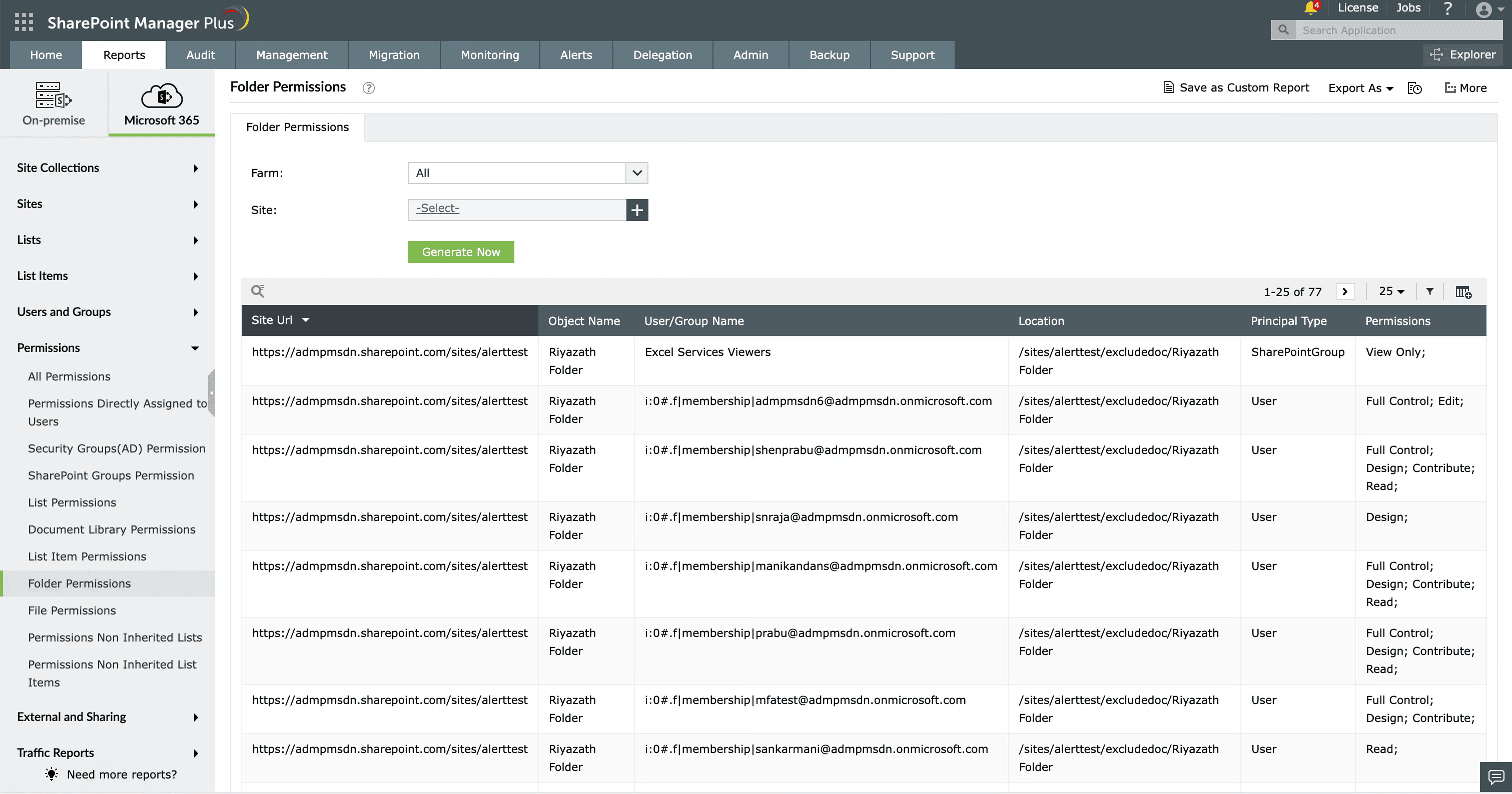 The Folder Permissions report in SharePoint Manager Plus