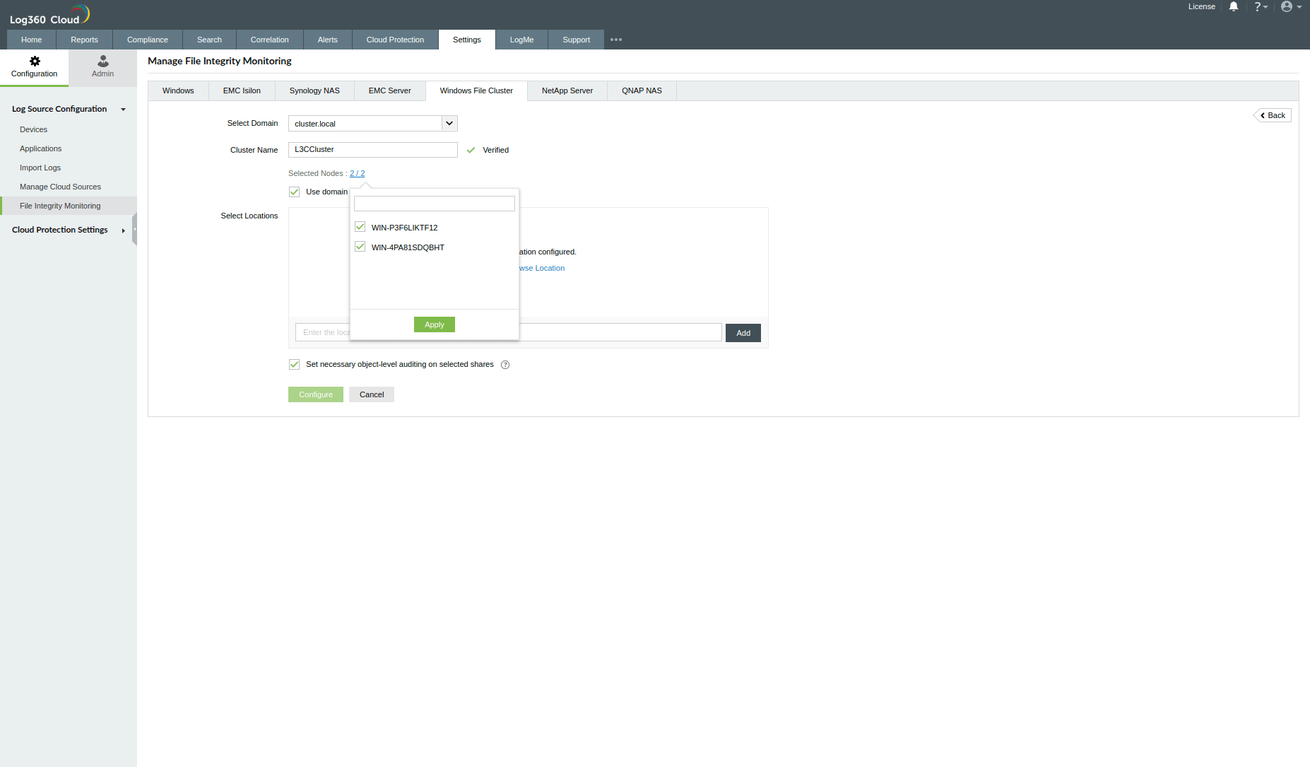 Configuring Windows File Cluster in Log360 Cloud