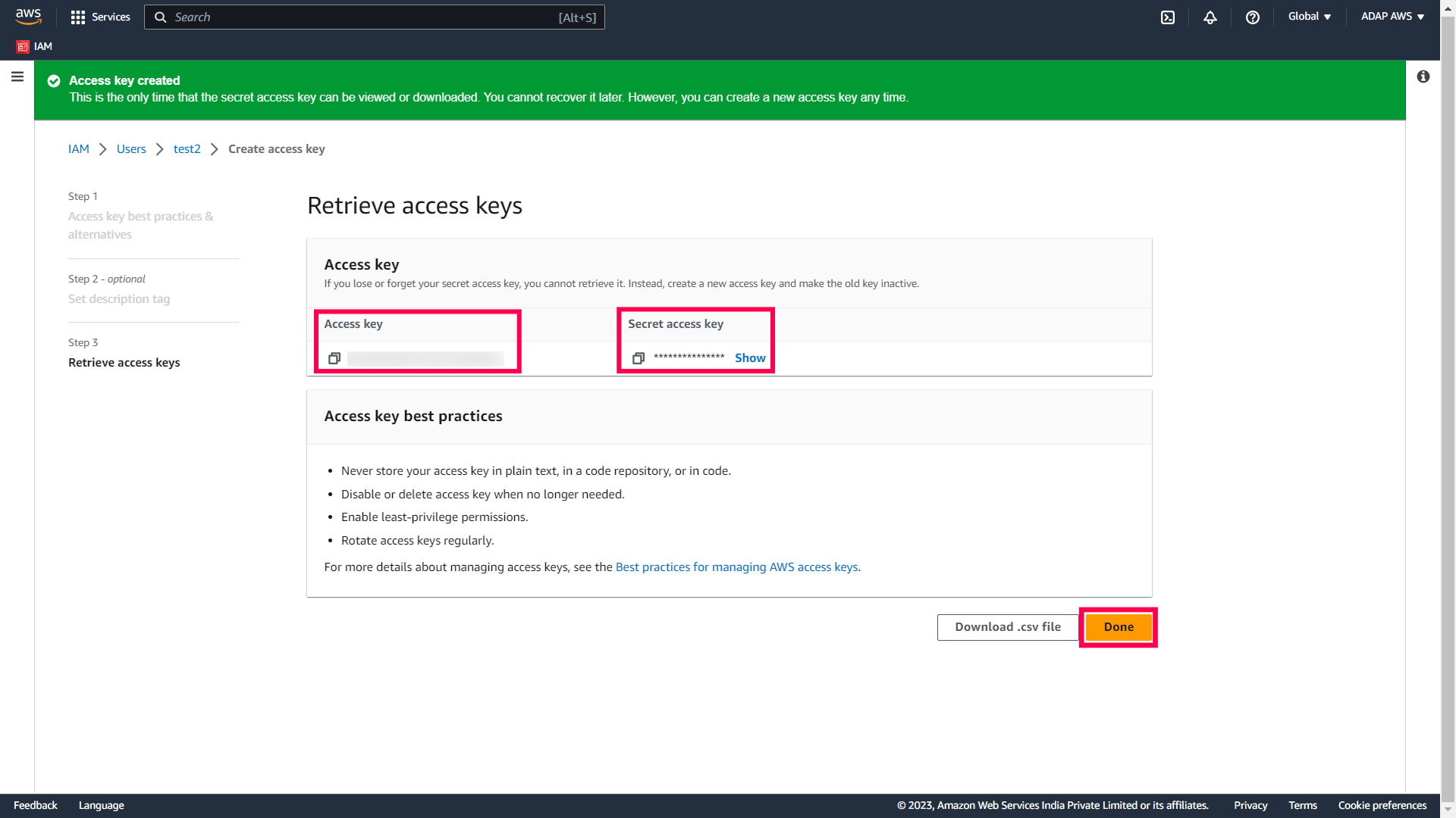 Create a user in IAM console