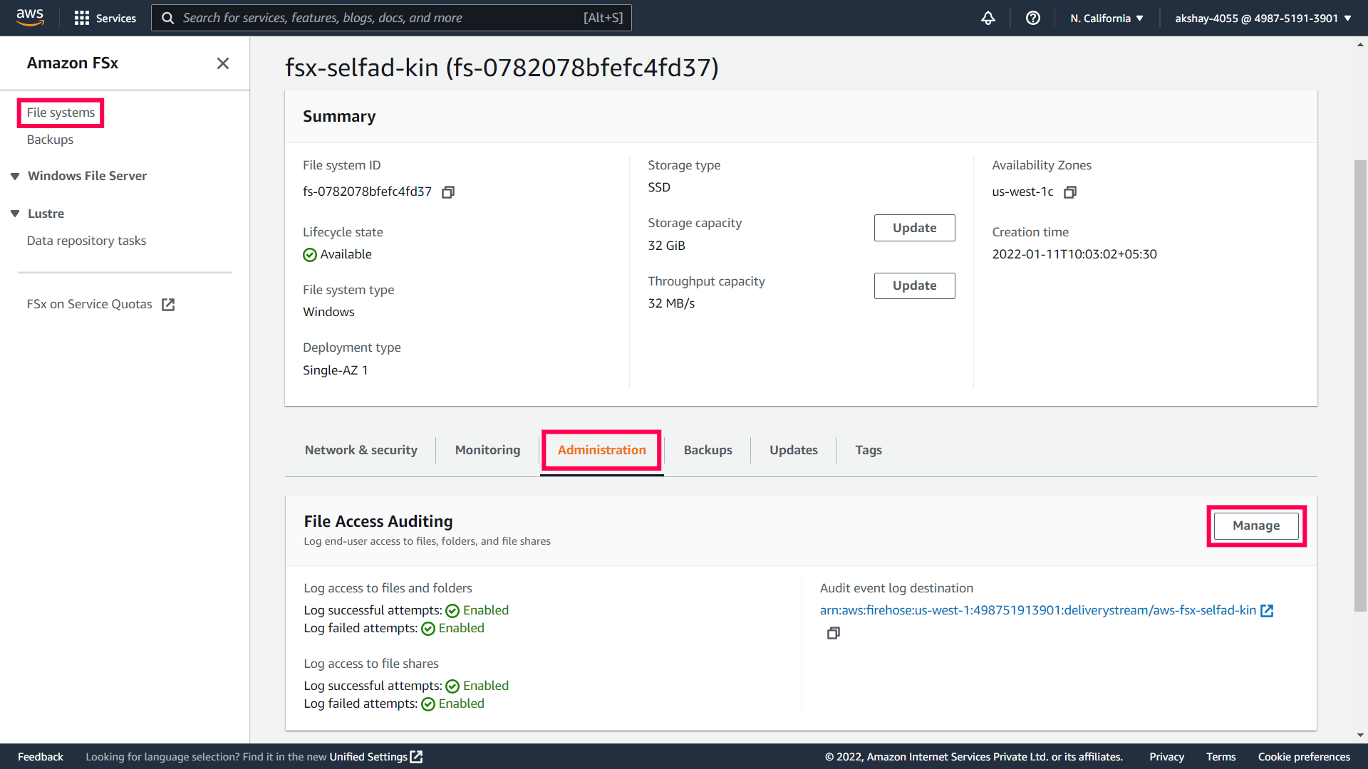 Enable file access auditing on the Amazon FSx file system