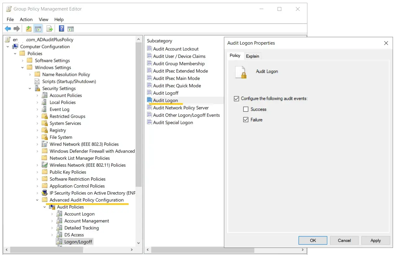 Schritte zum Aktivieren der Überwachung von Anmeldefehlern mithilfe von Gruppenrichtlinien: