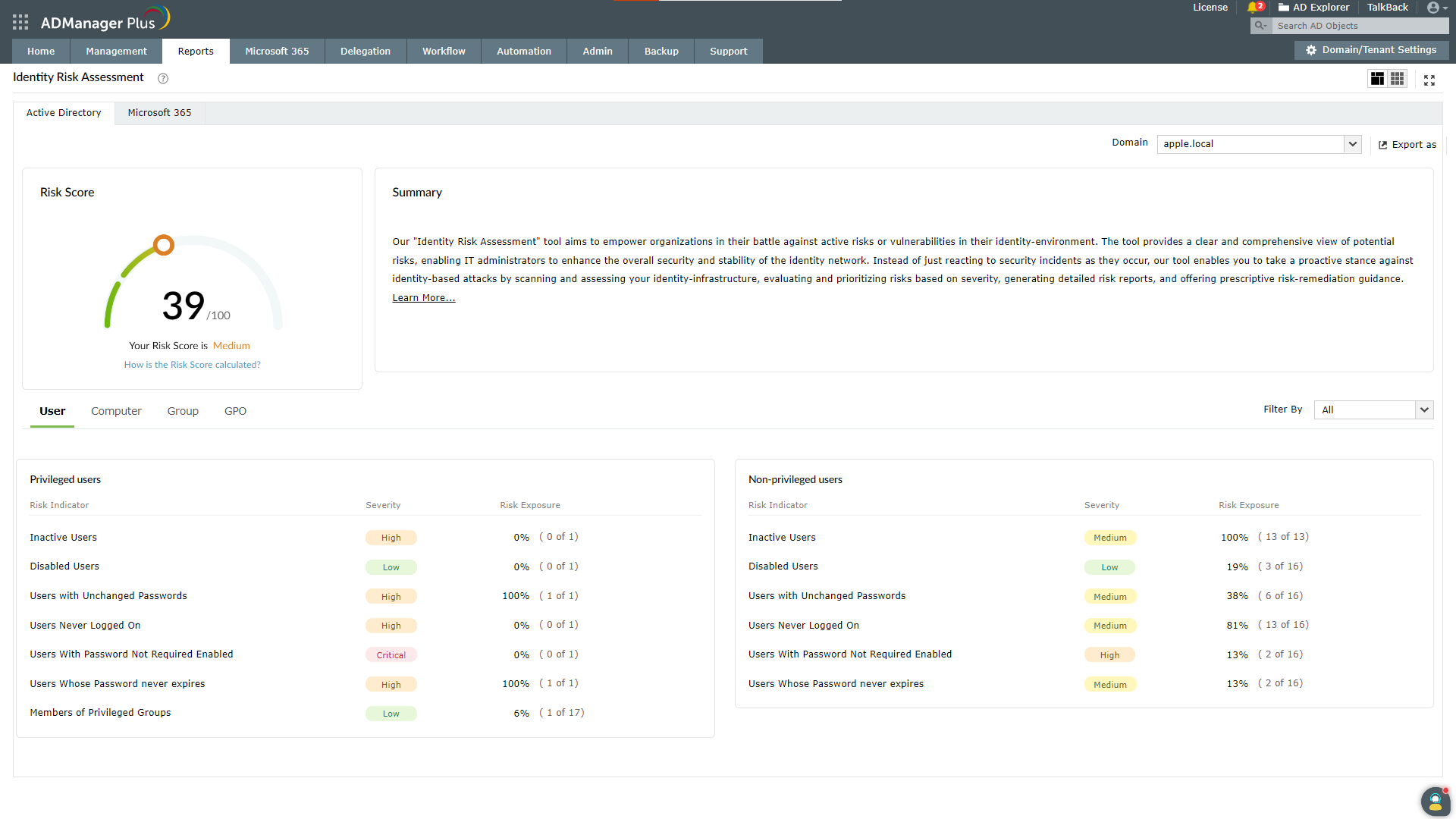 Identity risk assessment in ADManager Plus