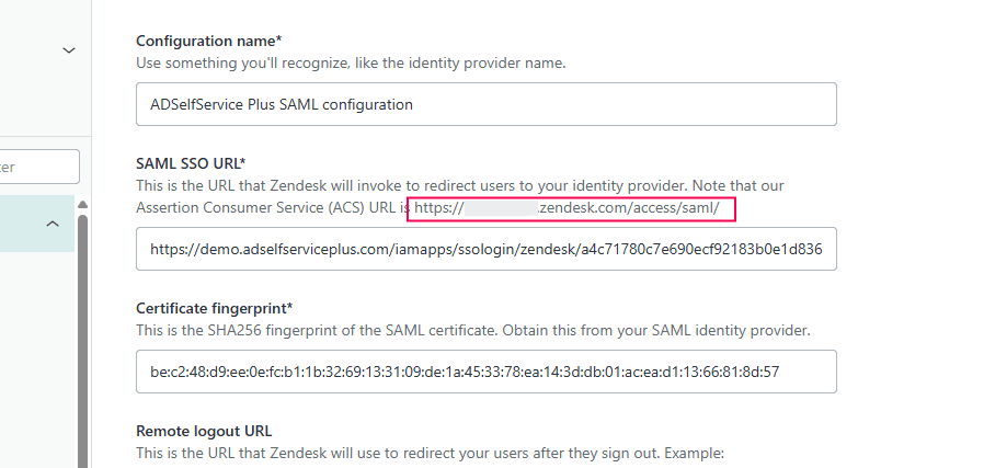 Zendesk ACS URL für ADSelfService Plus