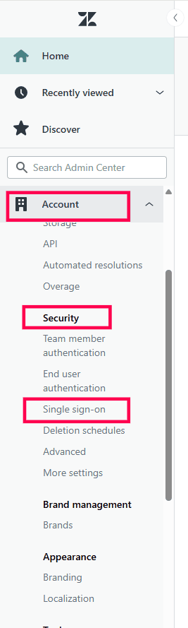 Zendesk Admin Center zur Konfiguration von SAML SSO über ADSelfService Plus
