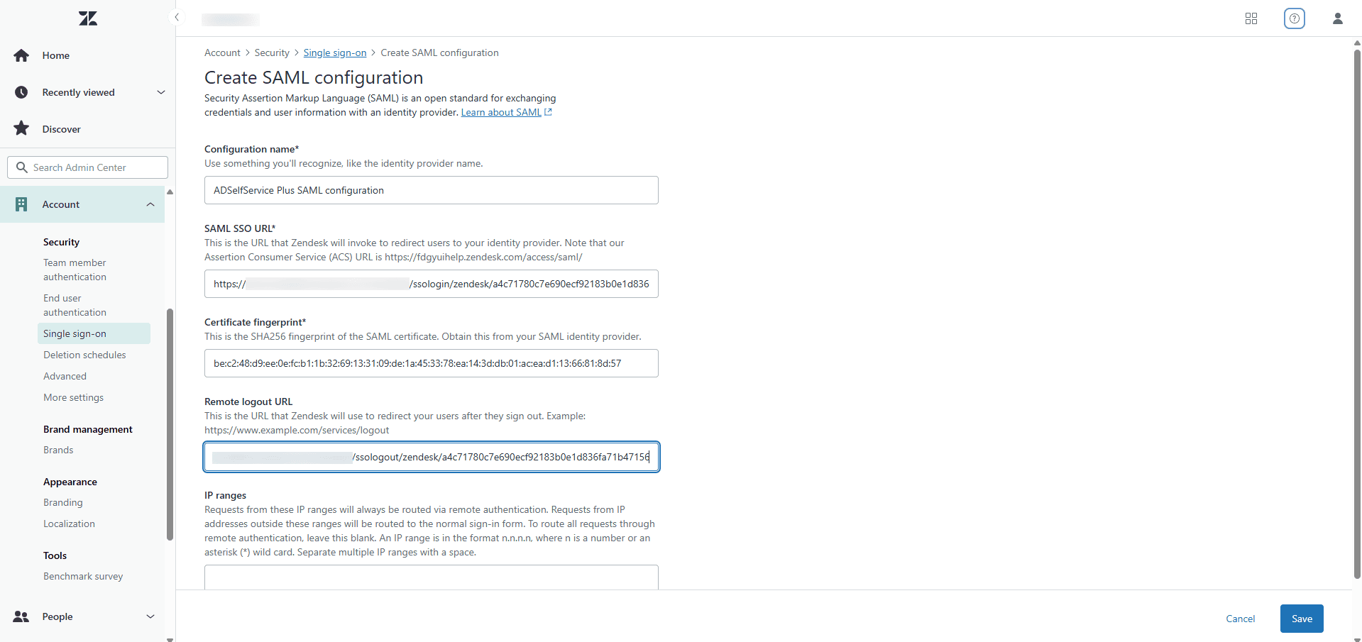 Zendesk SAML SSO Einstellungen für ADSelfService Plus