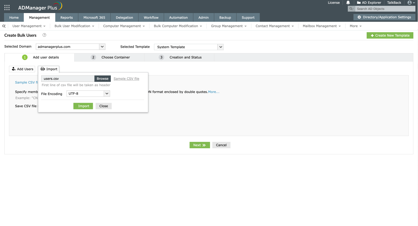 Masseoprettelse af brugere ved hjælp af en CSV-fil i ADManager Plus