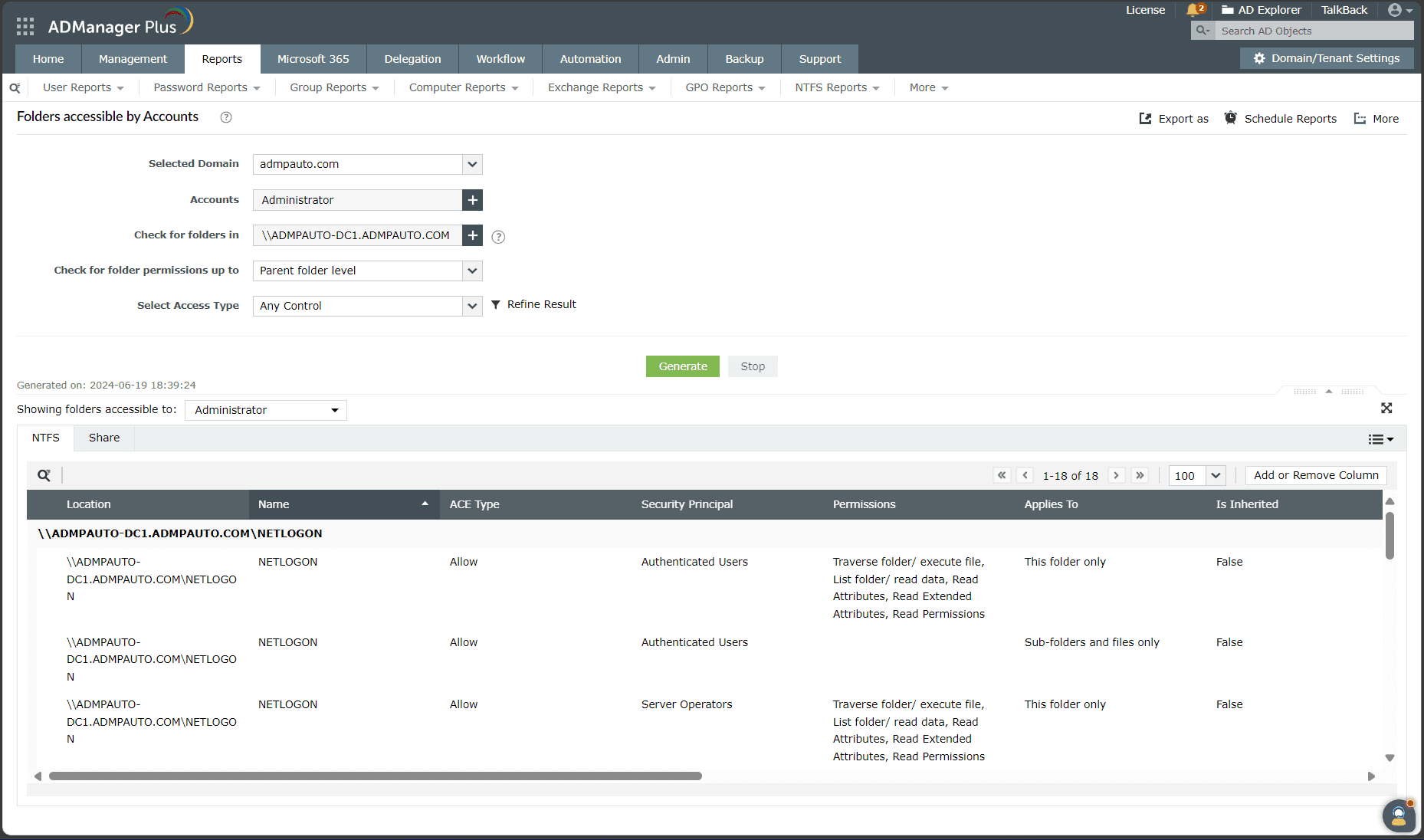Skærmbillede af rapporten over adgang til mapper pr. konto under NTFS-rapporter i ADManager Plus.